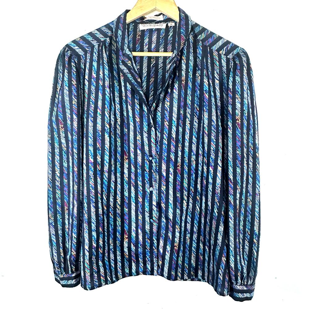 DIANE VON FURSTENBERG vintage retro colorful button up blouse stripes classic